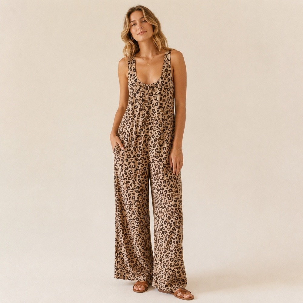 Easel Leopard Animal Print Bib Overalls Tan Brown Cotton NWT M Boho Indie Casual